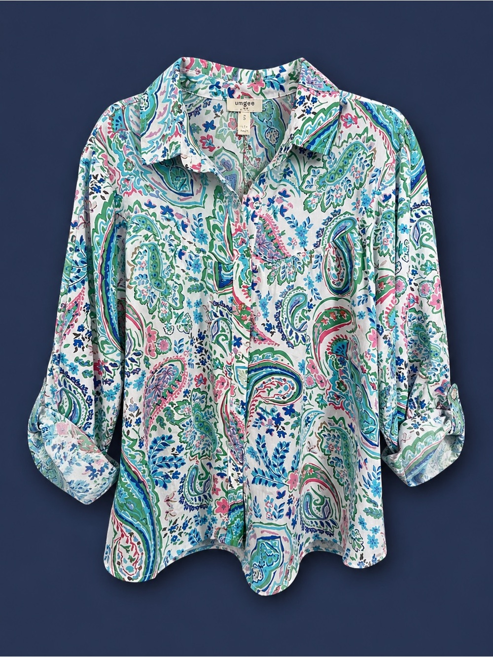 Umgee White Paisley Button-Down Shirt with Green & Pink Accents